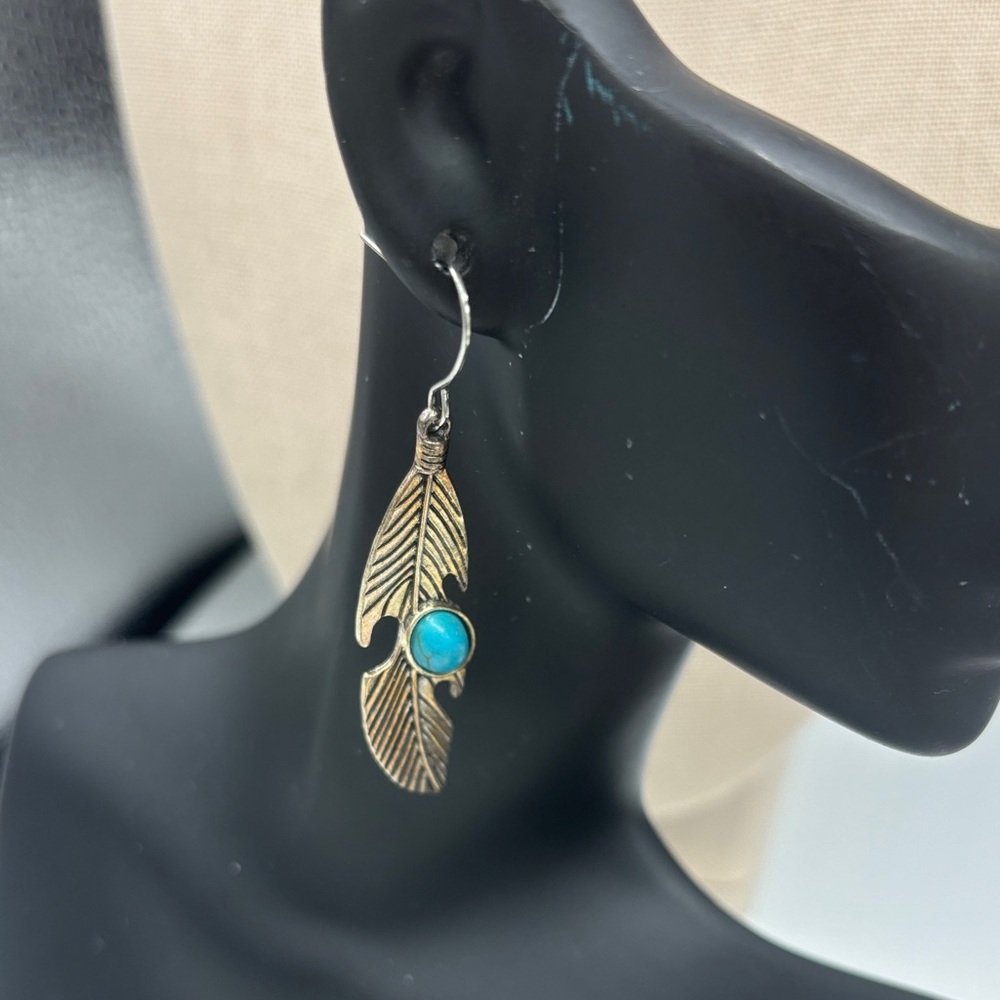 Vintage Turquoise Feather Drop Earrings - Women Jewelry